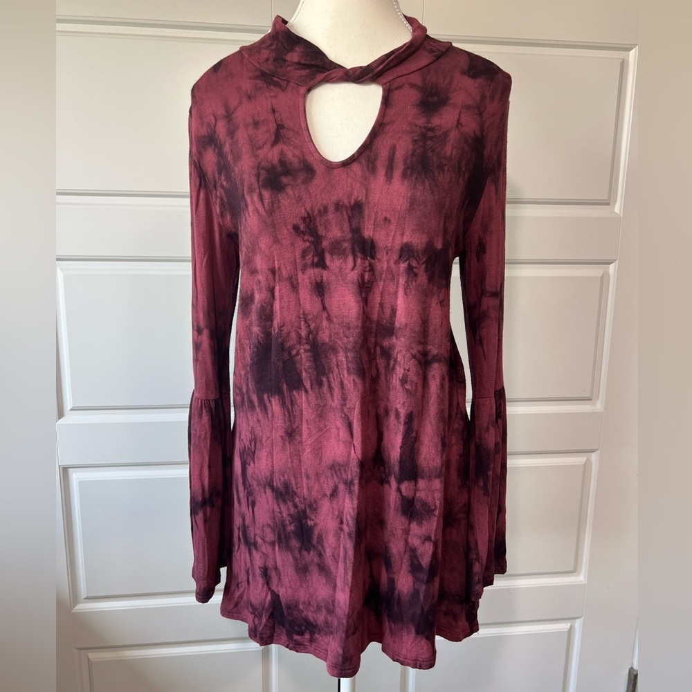 Soft Surroundings Tie Dye Tunic Top Keyhole Bell Sleeve Casual Dressy Maroon SM